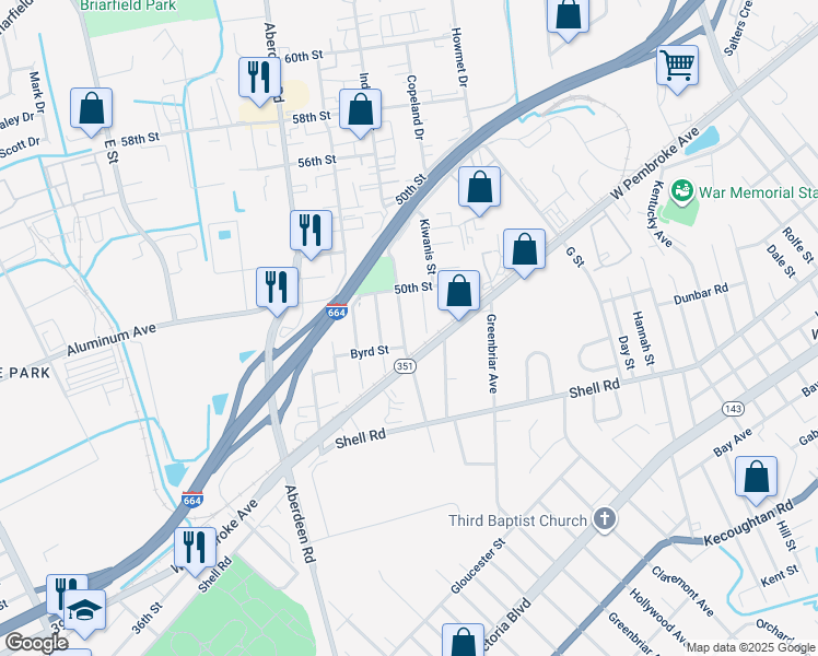 map of restaurants, bars, coffee shops, grocery stores, and more near 714 Childs Avenue in Hampton