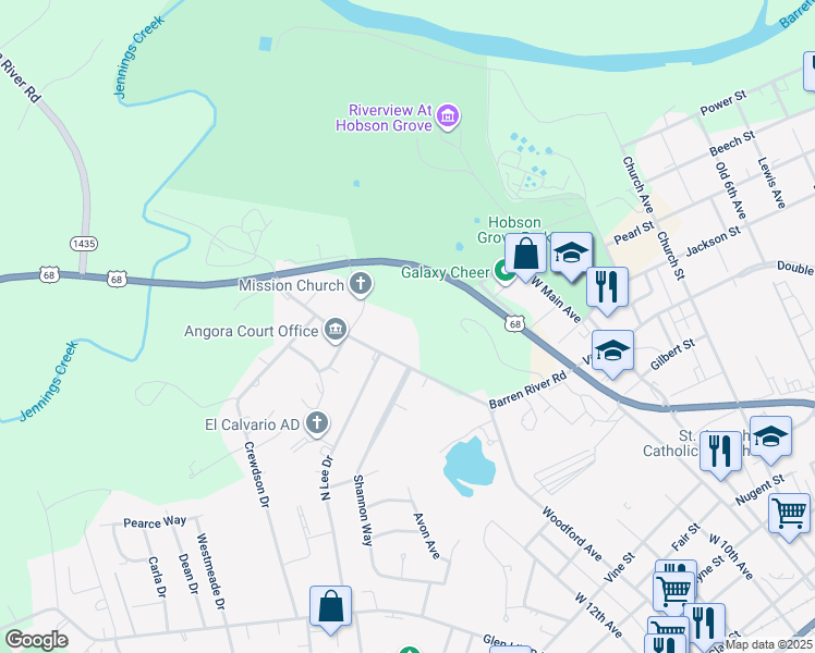 map of restaurants, bars, coffee shops, grocery stores, and more near 1020 Old Barren River Road in Bowling Green