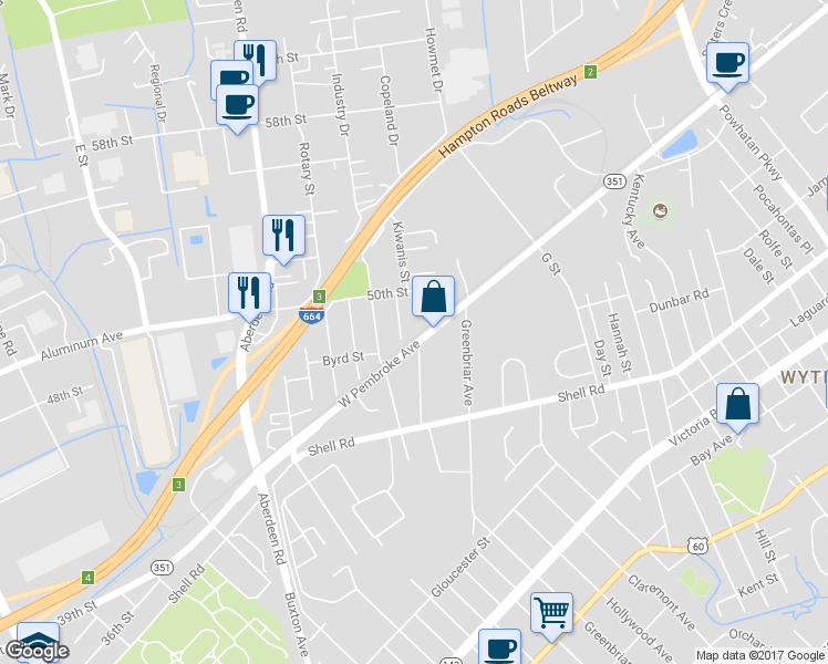 map of restaurants, bars, coffee shops, grocery stores, and more near 713 Vaughan Avenue in Hampton