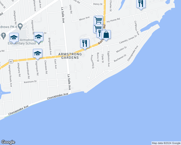 map of restaurants, bars, coffee shops, grocery stores, and more near 121 Armstrong Drive in Hampton