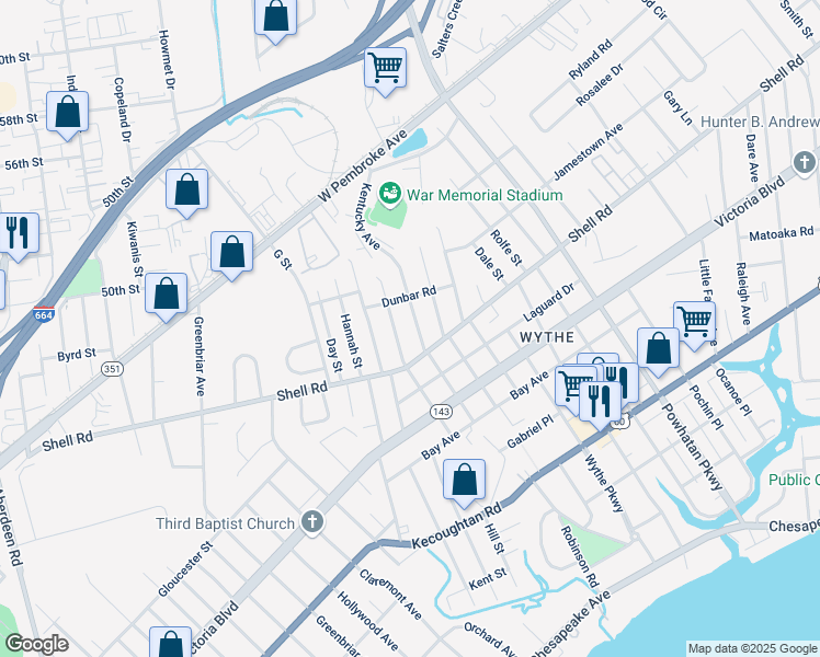 map of restaurants, bars, coffee shops, grocery stores, and more near 616 Kentucky Avenue in Hampton