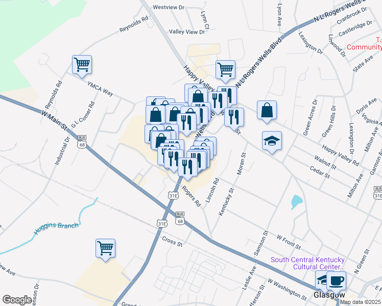 map of restaurants, bars, coffee shops, grocery stores, and more near 310 North L Rogers Wells Boulevard in Glasgow