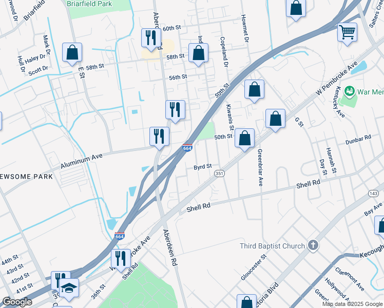 map of restaurants, bars, coffee shops, grocery stores, and more near 723 Birch Avenue in Hampton