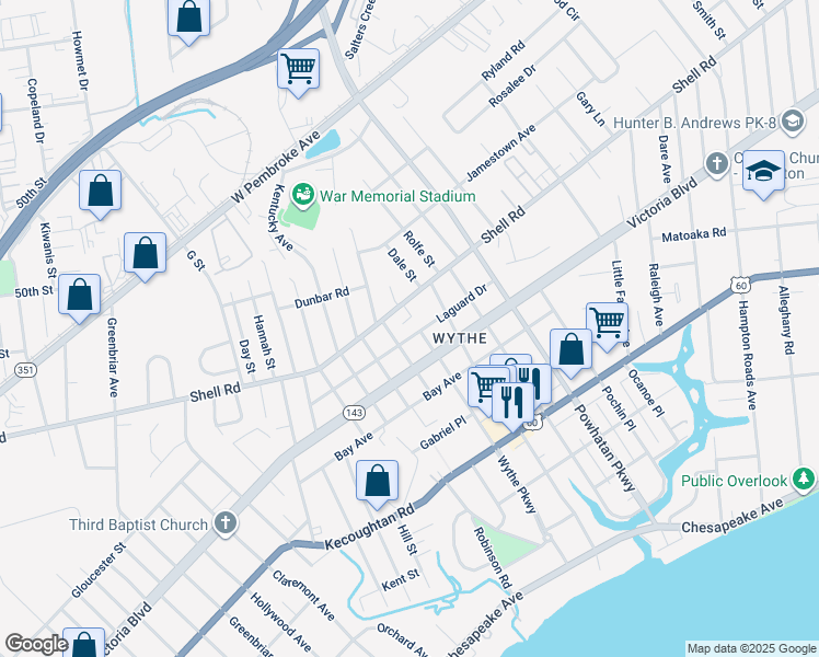 map of restaurants, bars, coffee shops, grocery stores, and more near 2213 Laguard Drive in Hampton