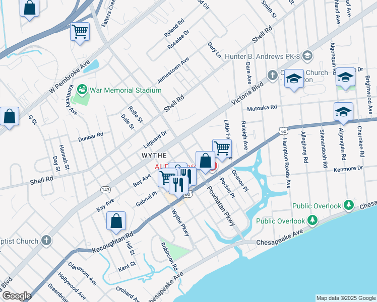map of restaurants, bars, coffee shops, grocery stores, and more near 264 Powhatan Parkway in Hampton