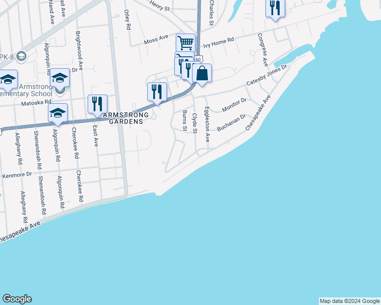 map of restaurants, bars, coffee shops, grocery stores, and more near 3829 Roads View Avenue in Hampton