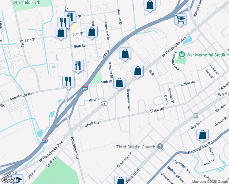 map of restaurants, bars, coffee shops, grocery stores, and more near 713 Vaughan Avenue in Hampton