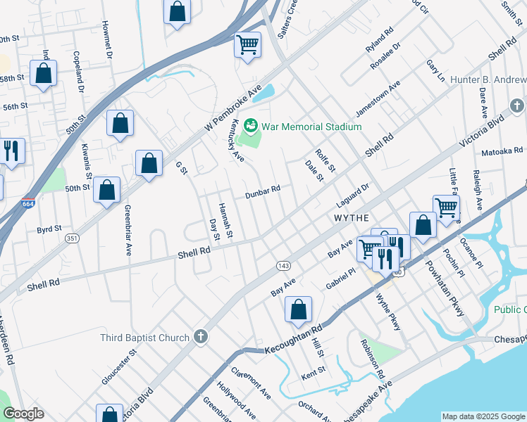map of restaurants, bars, coffee shops, grocery stores, and more near 616 Kentucky Avenue in Hampton