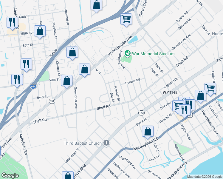 map of restaurants, bars, coffee shops, grocery stores, and more near 655 Hannah Street in Hampton