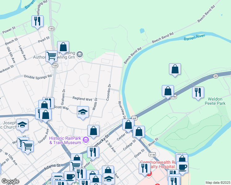map of restaurants, bars, coffee shops, grocery stores, and more near Ownsby Way in Bowling Green