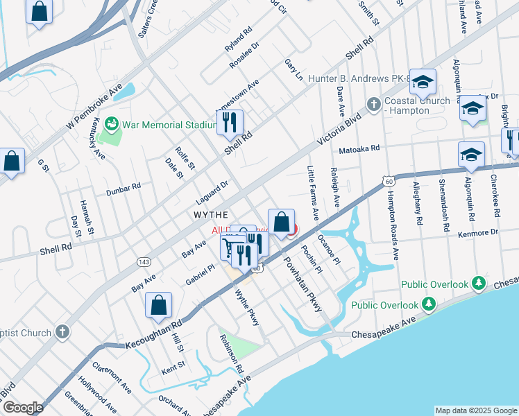 map of restaurants, bars, coffee shops, grocery stores, and more near 264 Powhatan Parkway in Hampton