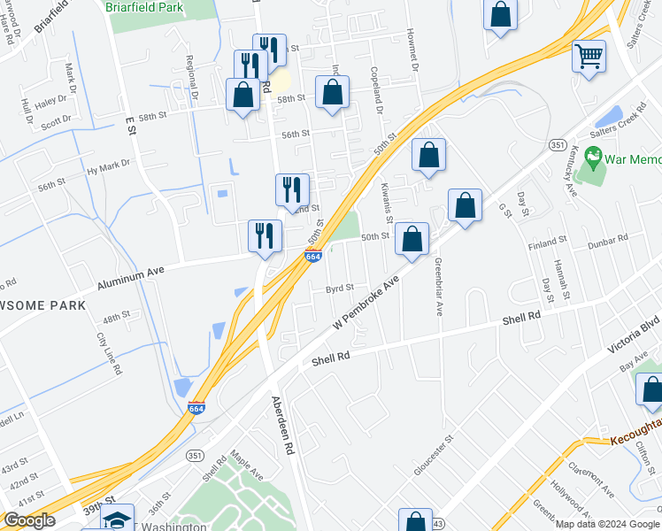 map of restaurants, bars, coffee shops, grocery stores, and more near 722 Birch Avenue in Hampton
