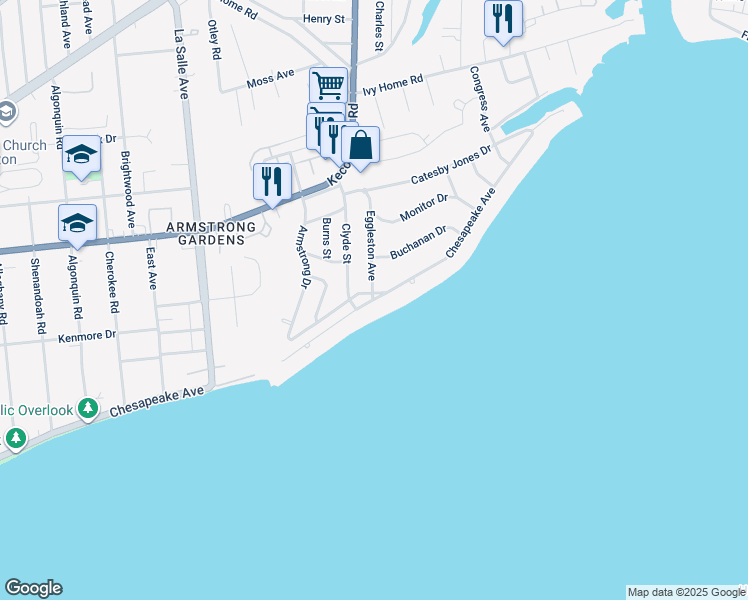 map of restaurants, bars, coffee shops, grocery stores, and more near 3908 Chesapeake Avenue in Hampton