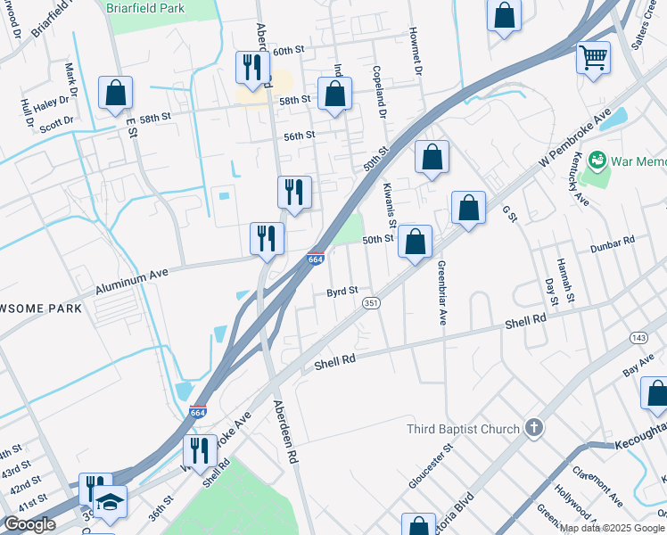 map of restaurants, bars, coffee shops, grocery stores, and more near 722 Birch Avenue in Hampton