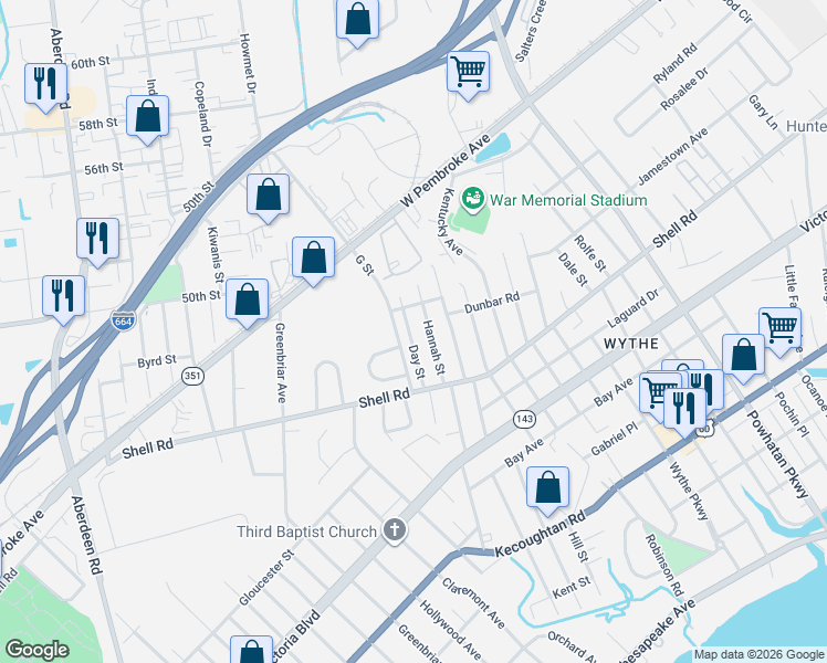 map of restaurants, bars, coffee shops, grocery stores, and more near 655 Hannah Street in Hampton