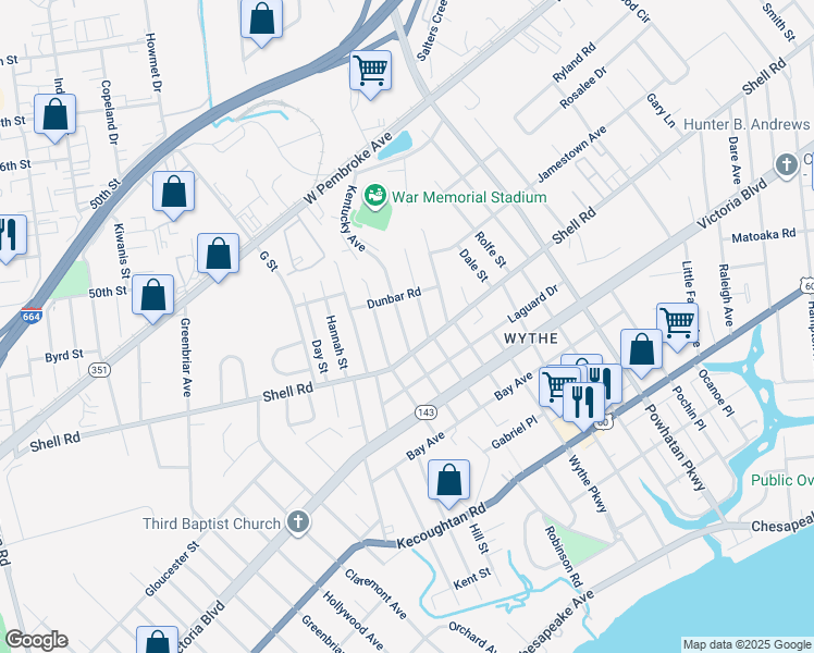 map of restaurants, bars, coffee shops, grocery stores, and more near 608 Kentucky Avenue in Hampton