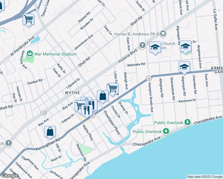 map of restaurants, bars, coffee shops, grocery stores, and more near 2706 Verell Street in Hampton