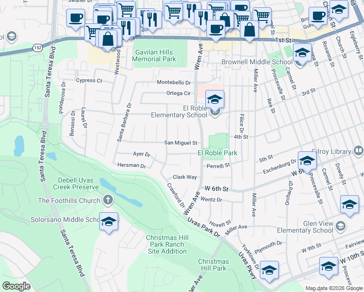 map of restaurants, bars, coffee shops, grocery stores, and more near 1050 San Miguel Street in Gilroy