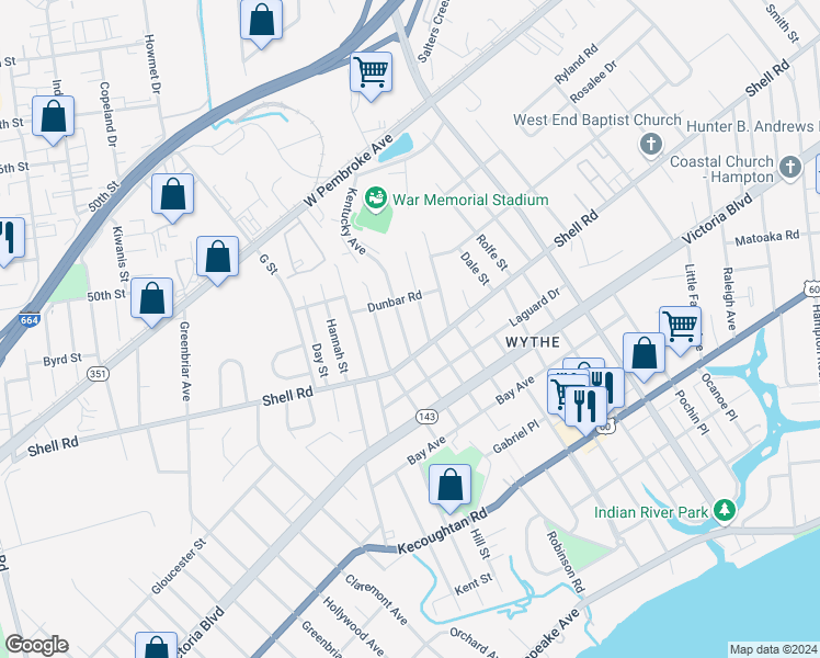 map of restaurants, bars, coffee shops, grocery stores, and more near 608 Kentucky Avenue in Hampton