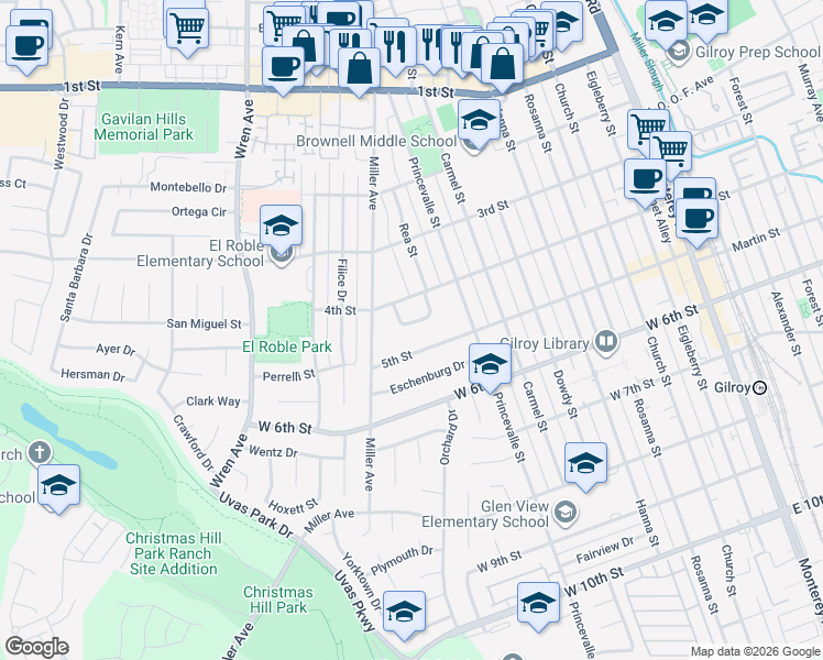 map of restaurants, bars, coffee shops, grocery stores, and more near 60 Monte Vista Way in Gilroy