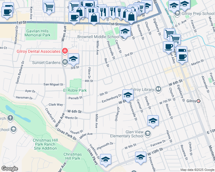 map of restaurants, bars, coffee shops, grocery stores, and more near 60 Monte Vista Way in Gilroy