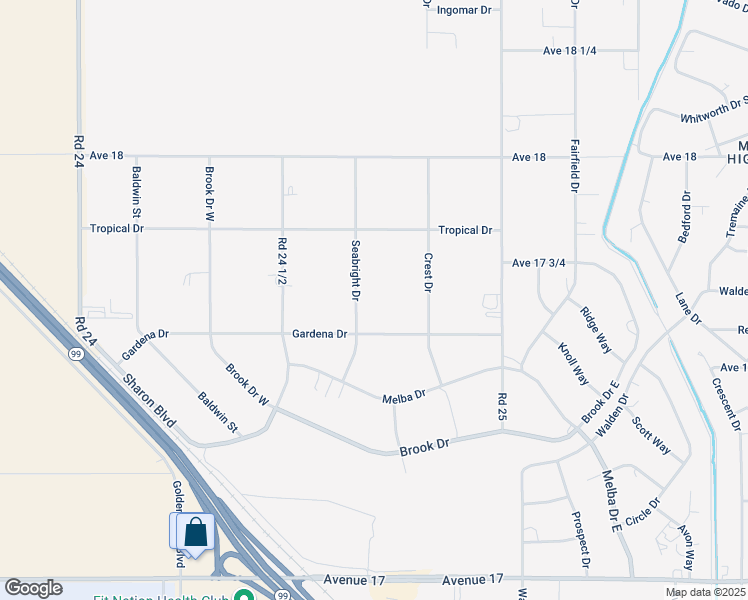 map of restaurants, bars, coffee shops, grocery stores, and more near 17701 Seabright Drive in Madera