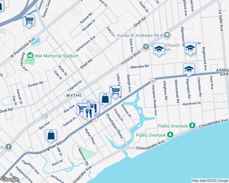 map of restaurants, bars, coffee shops, grocery stores, and more near 2706 Verell Street in Hampton