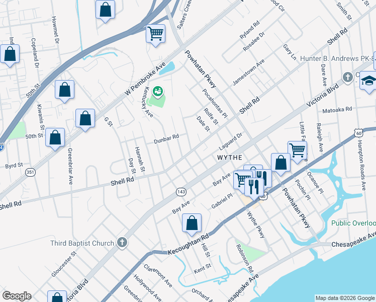 map of restaurants, bars, coffee shops, grocery stores, and more near 607 Maryland Avenue in Hampton