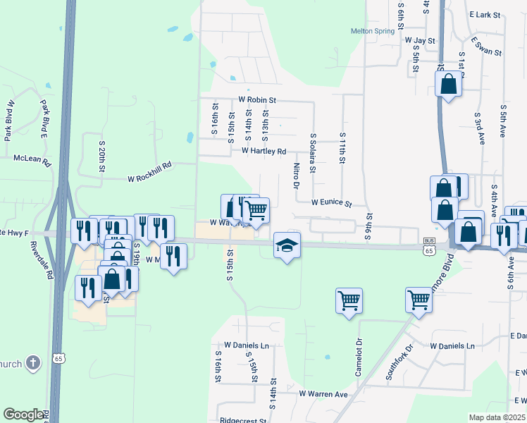map of restaurants, bars, coffee shops, grocery stores, and more near 1430 South Atlas Court in Ozark