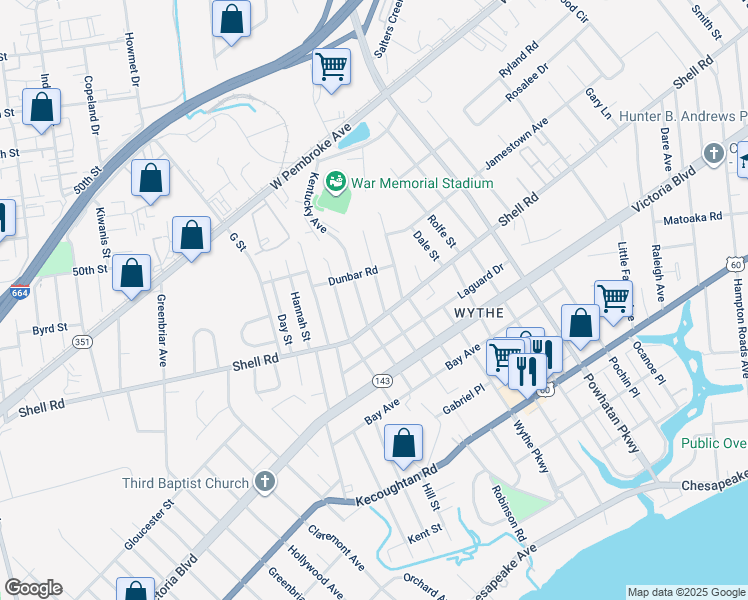 map of restaurants, bars, coffee shops, grocery stores, and more near 607 New York Avenue in Hampton