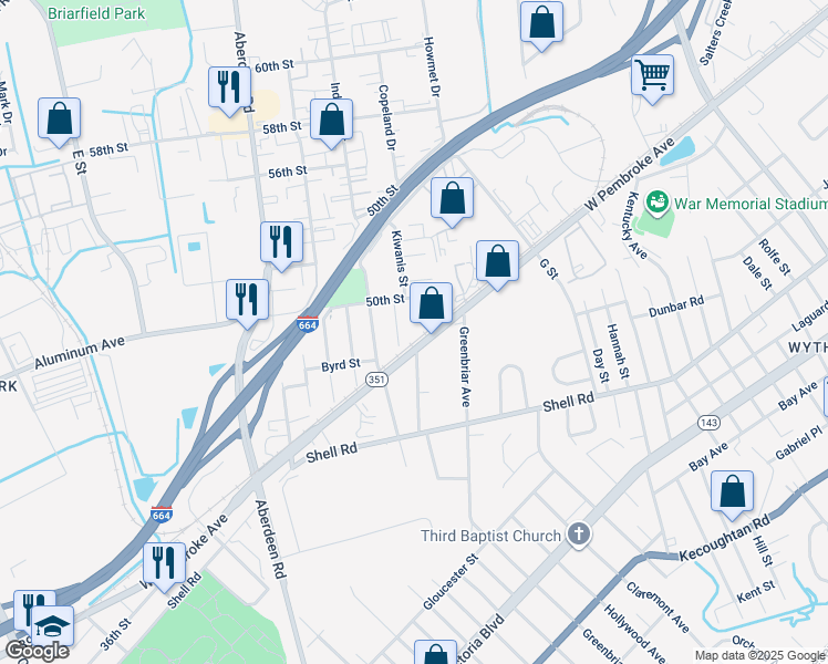map of restaurants, bars, coffee shops, grocery stores, and more near 717 Vaughan Avenue in Hampton