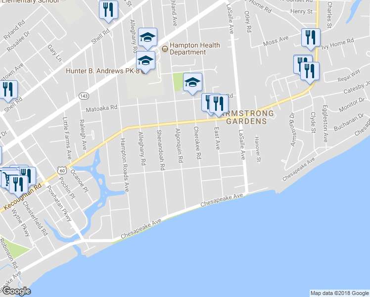 map of restaurants, bars, coffee shops, grocery stores, and more near 128 Algonquin Road in Hampton