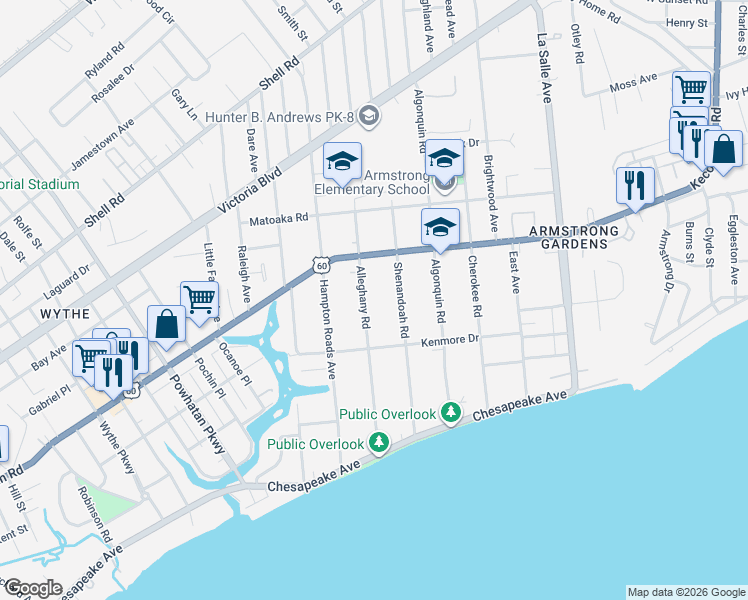 map of restaurants, bars, coffee shops, grocery stores, and more near 156 Alleghany Road in Hampton