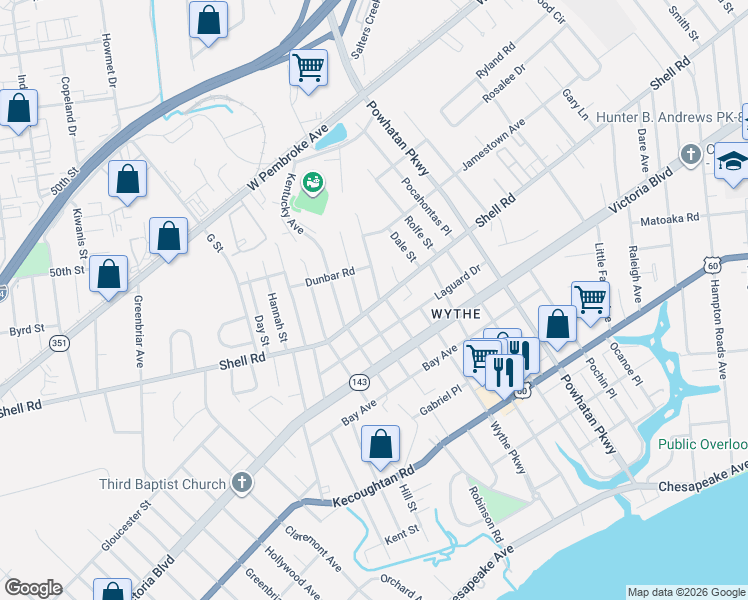 map of restaurants, bars, coffee shops, grocery stores, and more near 607 Maryland Avenue in Hampton