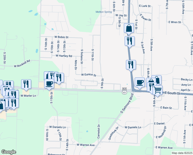 map of restaurants, bars, coffee shops, grocery stores, and more near 1054-1098 W Eunice St in Ozark