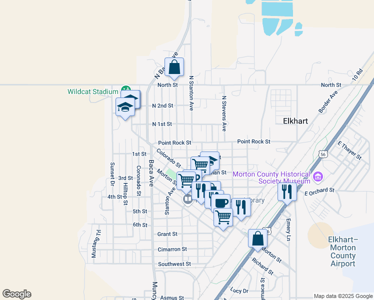 map of restaurants, bars, coffee shops, grocery stores, and more near Stanton Ave in Elkhart