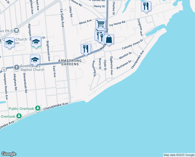 map of restaurants, bars, coffee shops, grocery stores, and more near 121 Barksdale Road in Hampton