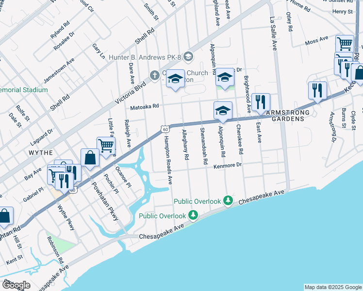 map of restaurants, bars, coffee shops, grocery stores, and more near 156 Alleghany Road in Hampton