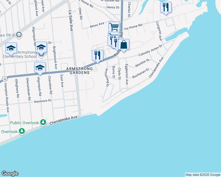map of restaurants, bars, coffee shops, grocery stores, and more near 121 Barksdale Road in Hampton