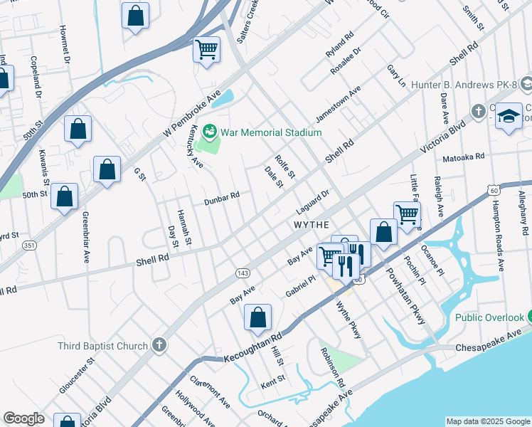 map of restaurants, bars, coffee shops, grocery stores, and more near 1816 Shell Road in Hampton