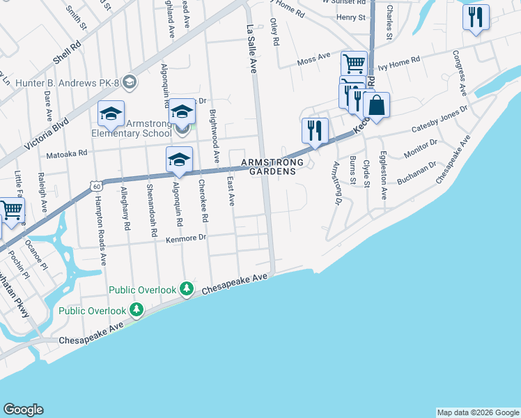 map of restaurants, bars, coffee shops, grocery stores, and more near 3611 Hollyberry Street in Hampton