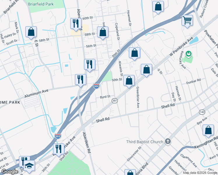 map of restaurants, bars, coffee shops, grocery stores, and more near 733 Hemlock Avenue in Hampton