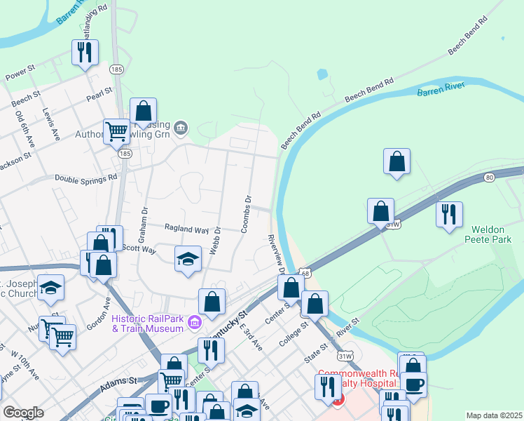 map of restaurants, bars, coffee shops, grocery stores, and more near Ownsby Way in Bowling Green