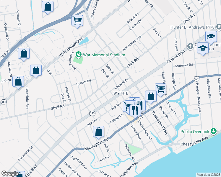 map of restaurants, bars, coffee shops, grocery stores, and more near 1816 Shell Road in Hampton