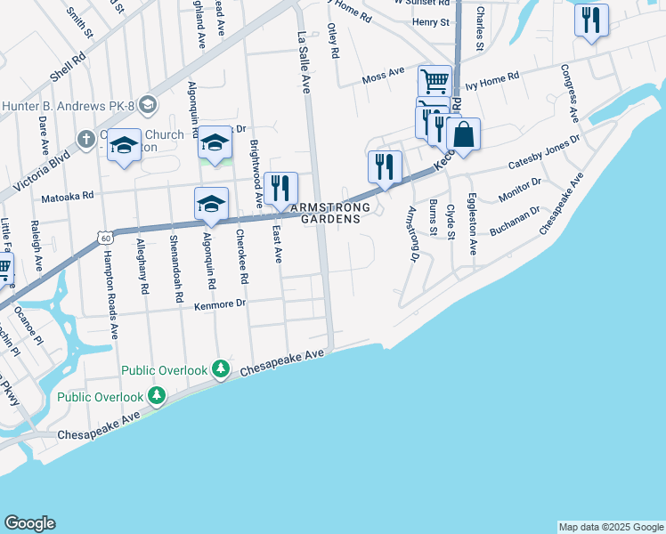 map of restaurants, bars, coffee shops, grocery stores, and more near 128 LaSalle Avenue in Hampton
