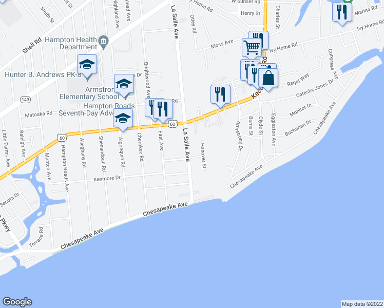 map of restaurants, bars, coffee shops, grocery stores, and more near 128 LaSalle Avenue in Hampton