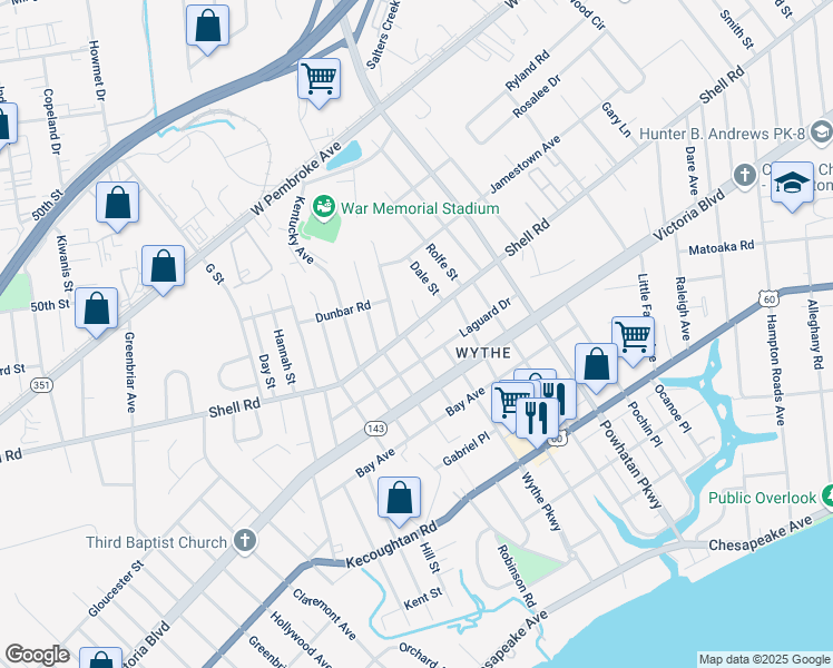 map of restaurants, bars, coffee shops, grocery stores, and more near 1816 Shell Road in Hampton
