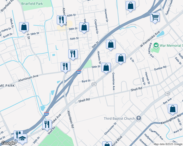 map of restaurants, bars, coffee shops, grocery stores, and more near 723 Childs Avenue in Hampton