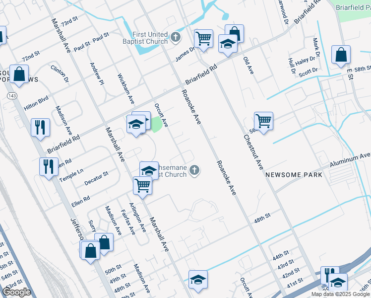 map of restaurants, bars, coffee shops, grocery stores, and more near 1002 East Russell Court in Newport News