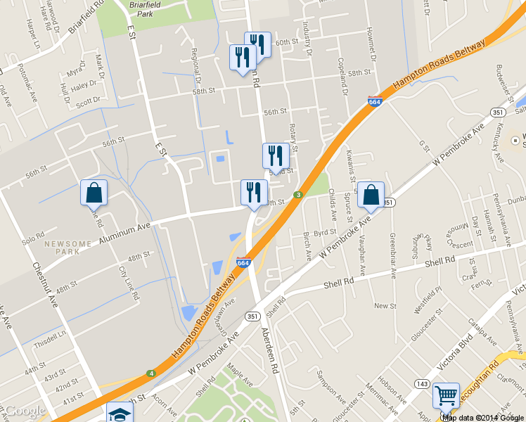 map of restaurants, bars, coffee shops, grocery stores, and more near 226 Aberdeen Rd in Hampton